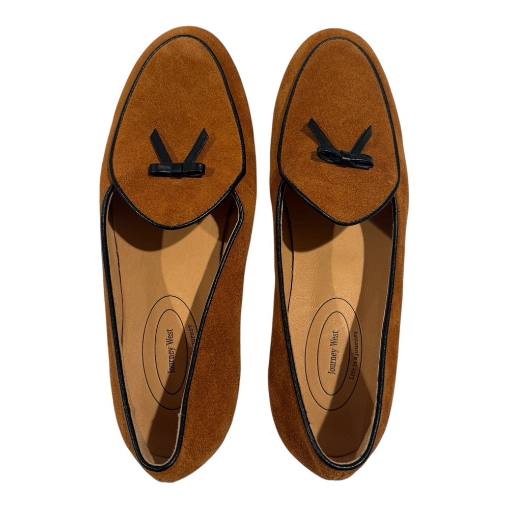 Journey West Men's 9.5M Suede Belgian Loafers Brown Slip-On Bowβ Dress Shoes ECU